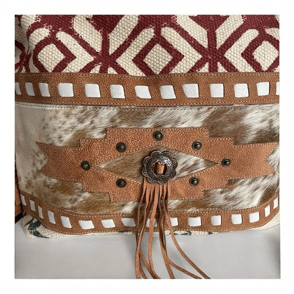 Olay Canvas Shoulder Bag Hair On Cowhide Leather Tote Aztec Fringe Neutral Color - Picture 3 of 9